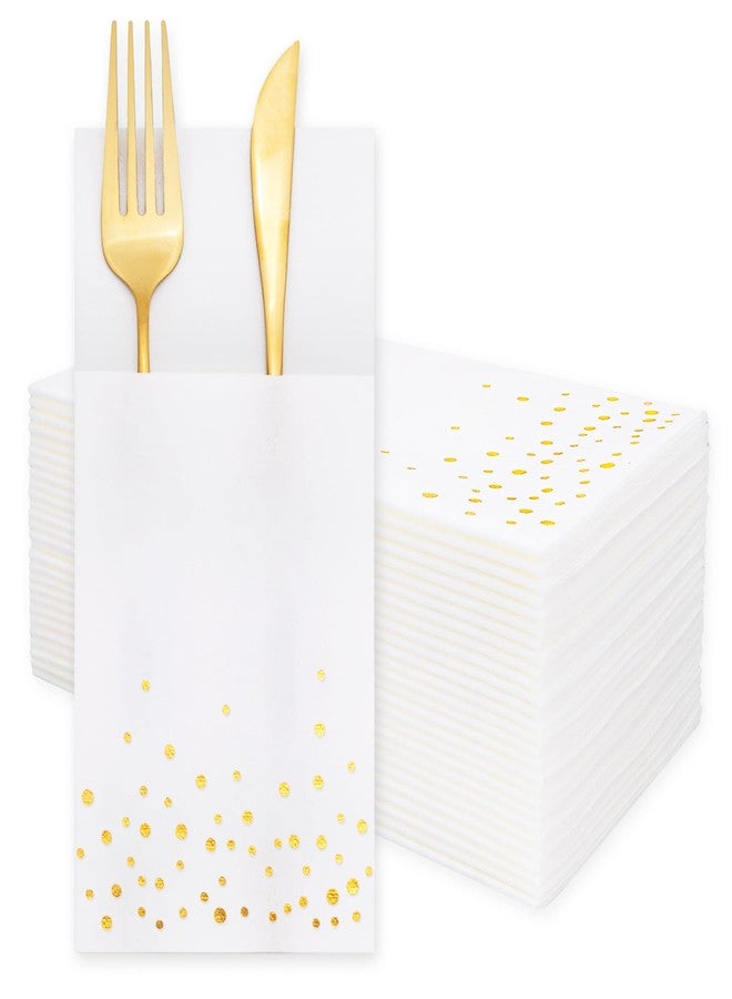 JarThenaAMCS 50Pcs Disposable Linen-Feel Dinner Napkins with Built-in Flatware Pockets White Gold Foil Dots Prefolded Cloth Like Paper Napkin with Cutlery Pouch for Dining Party Table Service Decor - Image 1